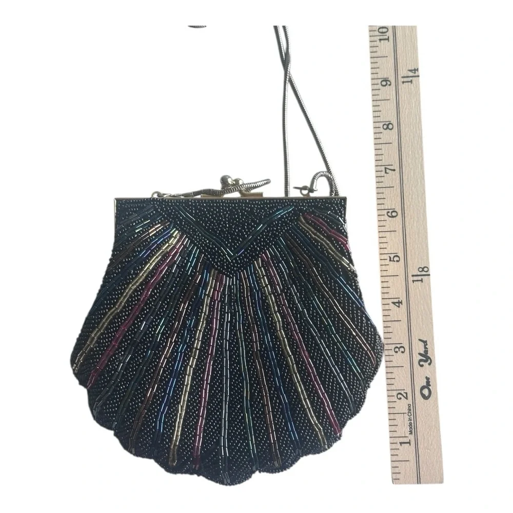 Vintage Lord & Taylor Elegant Black‎ Multicolor Shell Clutch with metal strap